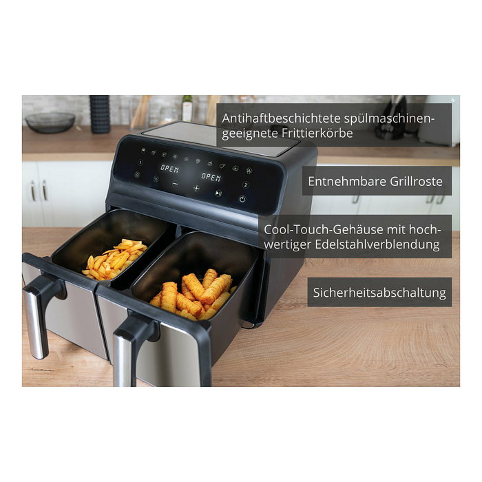 UNOLD 58685 Freidora de Aire Caliente Doble Cámara TWIN ZONE, 8L, 1700W, 10 Programas, Función Deshidratar, Pantalla LED, Negro/Gris