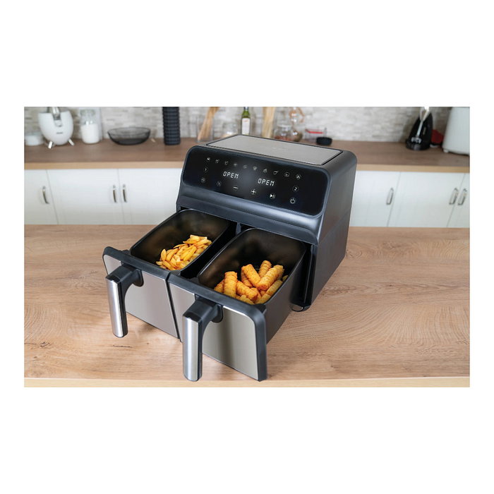 UNOLD 58685 Freidora de Aire Caliente Doble Cámara TWIN ZONE, 8L, 1700W, 10 Programas, Función Deshidratar, Pantalla LED, Negro/Gris