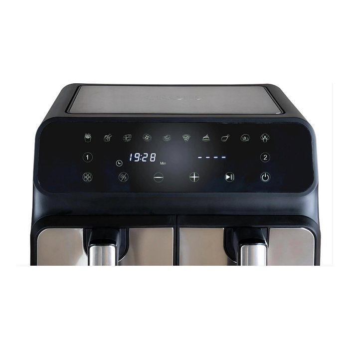 UNOLD 58685 Freidora de Aire Caliente Doble Cámara TWIN ZONE, 8L, 1700W, 10 Programas, Función Deshidratar, Pantalla LED, Negro/Gris