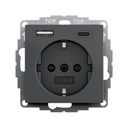 GIRA 245928 Sistema 55 Enchufe con 2 Puertos USB y CEE 7/3, 3 Enchufes, Negro Mate, 220-250 V, IP20, 1 Módulo