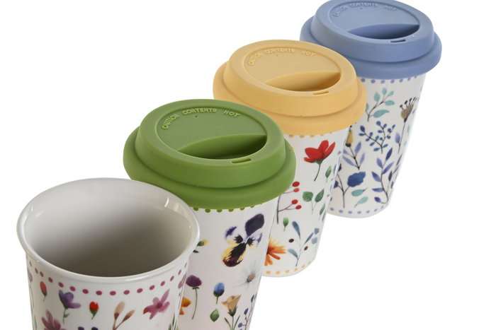 DKD Home Decor Mug Shabby Porcelana y Silicona Multicolor 400 ml Pack 4 Unidades 10 x 14 x 10 cm