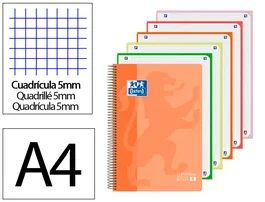 Oxford Bloc espiral tapa plástico Optik Paper microperforado Din A4+ 120h cuadro 5 mm colores surtidos