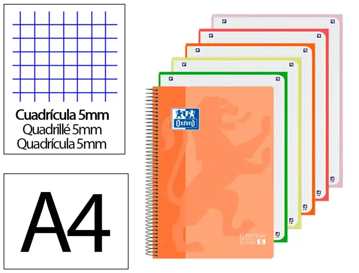 Oxford Bloc espiral tapa plástico Optik Paper microperforado Din A4+ 120h cuadro 5 mm colores surtidos Oxford Bloc espiral tapa plástico Optik Paper microperforado Din A4+ 120h cuadro 5 mm colores surtidos