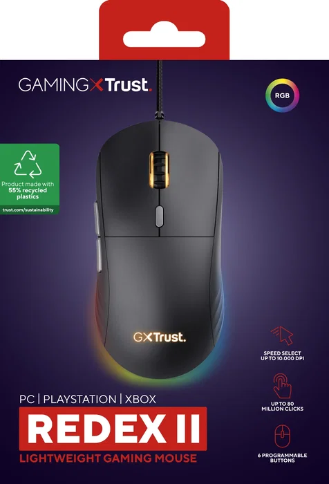 Trust Gaming GXT 925 REDEX II Ratón Gaming para Diestros, Laser 10000 DPI, 6 Botones Programables, Iluminación RGB, Cable USB 1.8m, 82g, Interruptores Kailh 80M Clics