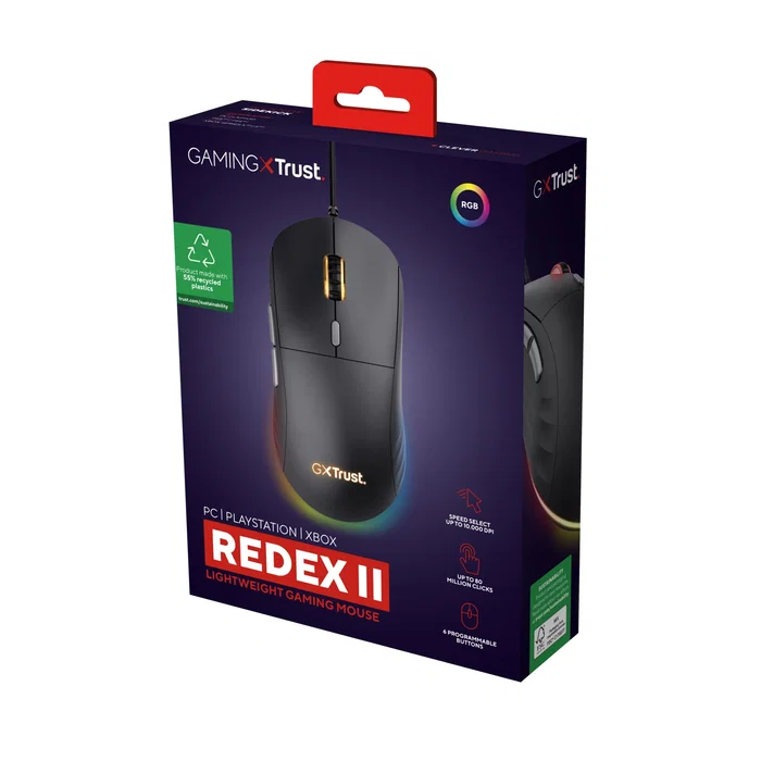 Trust Gaming GXT 925 REDEX II Ratón Gaming para Diestros, Laser 10000 DPI, 6 Botones Programables, Iluminación RGB, Cable USB 1.8m, 82g, Interruptores Kailh 80M Clics