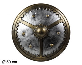 Escudo Redondo Vikingo Réplica Decorativa de 59 cm con Acabado Metálico Envejecido para Disfraz y Decoración