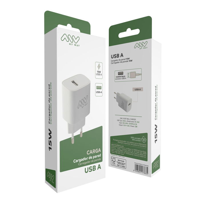 myway cargador de pared USB A 15W blanco