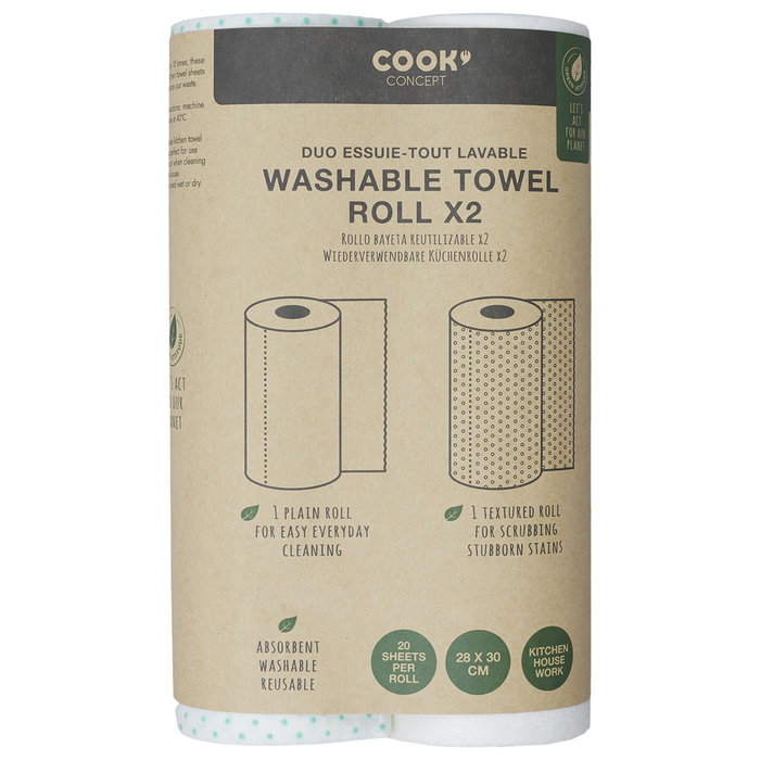 Cook Concept Juego de 2 Rollos de Bayeta Reutilizable y Lavable, Absorbente, 20 Hojas Precortadas por Rollo, Liso y Texturizado Cook Concept Juego de 2 Rollos de Bayeta Reutilizable y Lavable, Absorbente, 20 Hojas Precortadas por Rollo, Liso y Texturizado
