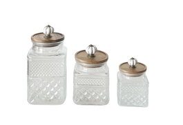 DKD Home Decor Bote Basicos Set de 3 Cristal, Acacia y Metal