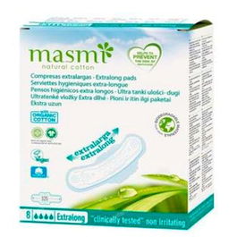 MASMI Compresa Extralarga 8Ud. Algodón Ecológico Certificado, Higiene Femenina Natural y Saludable, Mayor Protección