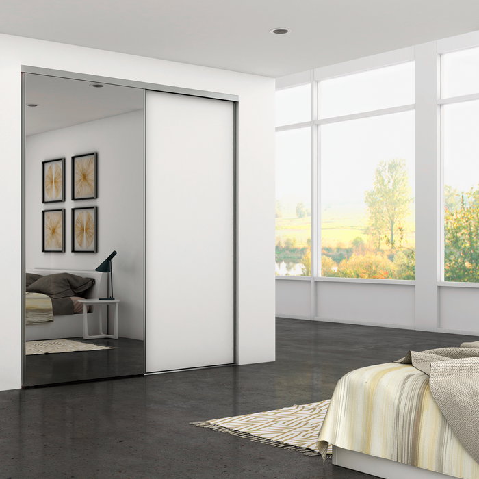 Emuca Kit de herrajes para armario de 2 puertas correderas y cierre suave Placard 74, modelo tirador Sharp, espesor 16mm, tableros no incluidos, Anodizado mate