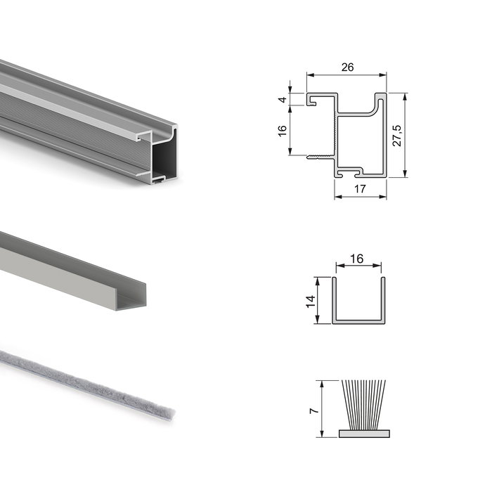 Emuca Kit de herrajes para armario de 2 puertas correderas y cierre suave Placard 74, modelo tirador Sharp, espesor 16mm, tableros no incluidos, Anodizado mate