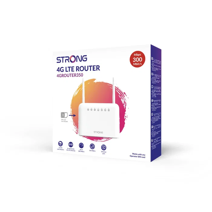 Strong Router 4G LTE 350 - Router Móvil con 2 Ranuras SIM, Velocidad LTE hasta 150 Mbps, Wi-Fi 300 Mbps, 4 Puertos LAN Ethernet, 2 Antenas Externas, Blanco
