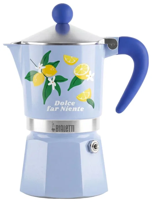 Bialetti RAINBOW 3TZ Limoni, Cafetera italiana Azul con motivos de limones, 130 ml/0,15 L, 3 tazas