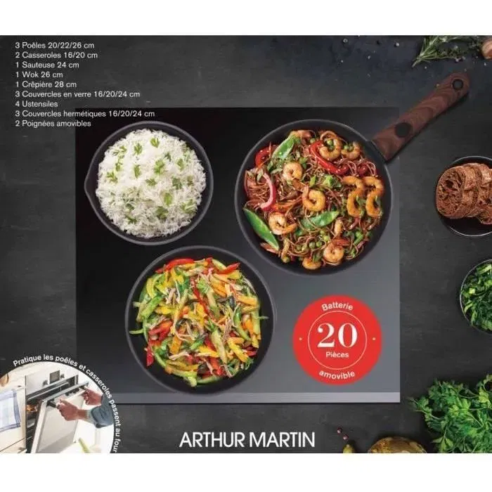 Arthur Martin AM0530 Batería de Cocina Aluminio Antiadherente 20 Piezas Todas las Fuentes de Calor Mango Extraíble