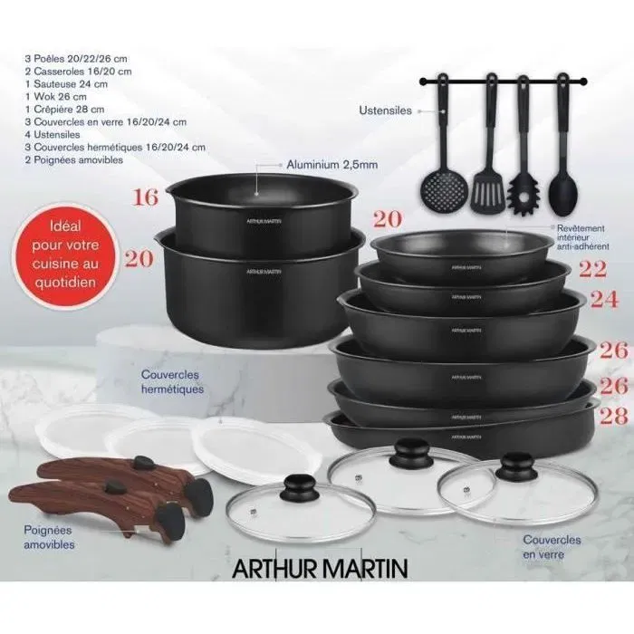 Arthur Martin AM0530 Batería de Cocina Aluminio Antiadherente 20 Piezas Todas las Fuentes de Calor Mango Extraíble