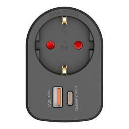 Simon Adaptador Combi 30W USB-A + USB-C + 1 Toma Schuko, 16A 250V~, Negro