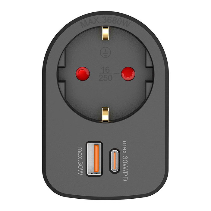 Simon Adaptador Combí con 1 Toma Schuko + 2 USB (A y C) de 30W Carga Rápida, 16A 250V~, Color Negro Simon Adaptador Combí con 1 Toma Schuko + 2 USB (A y C) de 30W Carga Rápida, 16A 250V~, Color Negro