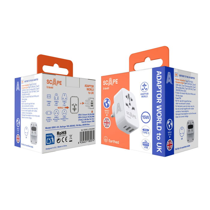 Ladrón de enchufe Scape Travel 830C-UK Plástico 150 W Ladrón de enchufe Scape Travel 830C-UK Plástico 150 W