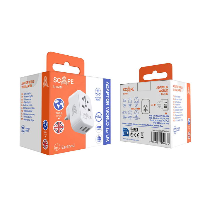 Ladrón de enchufe Scape Travel 830C-UK Plástico 150 W Ladrón de enchufe Scape Travel 830C-UK Plástico 150 W