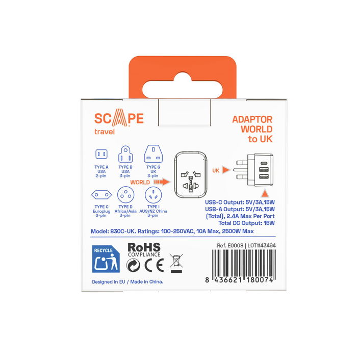 Ladrón de enchufe Scape Travel 830C-UK Plástico 150 W Ladrón de enchufe Scape Travel 830C-UK Plástico 150 W