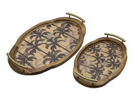 DKD Home Decor Set de 2 Bandejas de Acacia y Metal Palmeras Marrón y Dorado