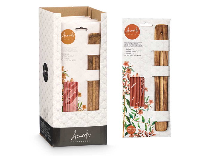 Acorde Set 50 Barras de Incienso con Soporte de Madera Sandalo 12 x 28.5 x 1 cm (Set de 24)