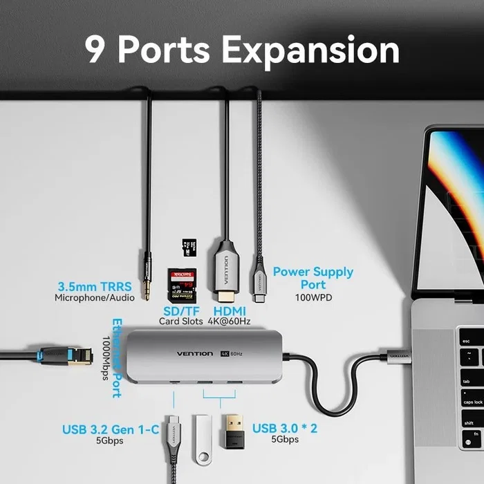 Vention TQMHB Docking Station 9 en 1 con HDMI 4K, USB-C PD y RJ45, Gris Vention TQMHB Docking Station 9 en 1 con HDMI 4K, USB-C PD y RJ45, Gris