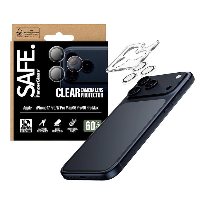 PanzerGlass SAFE. Protector de lente de cámara transparente para iPhone 17 Pro/Max y iPhone 16 Pro/Max PanzerGlass SAFE. Protector de lente de cámara transparente para iPhone 17 Pro/Max y iPhone 16 Pro/Max