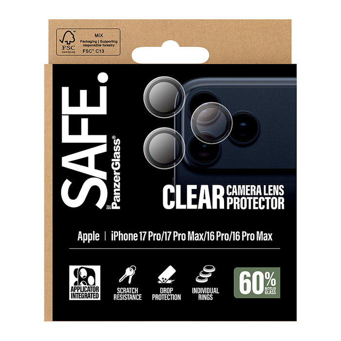 PanzerGlass SAFE. Protector de lente de cámara transparente para iPhone 17 Pro/Max y iPhone 16 Pro/Max