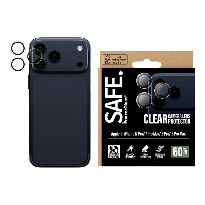 PanzerGlass SAFE. Protector de lente de cámara transparente para iPhone 17 Pro/Max y iPhone 16 Pro/Max