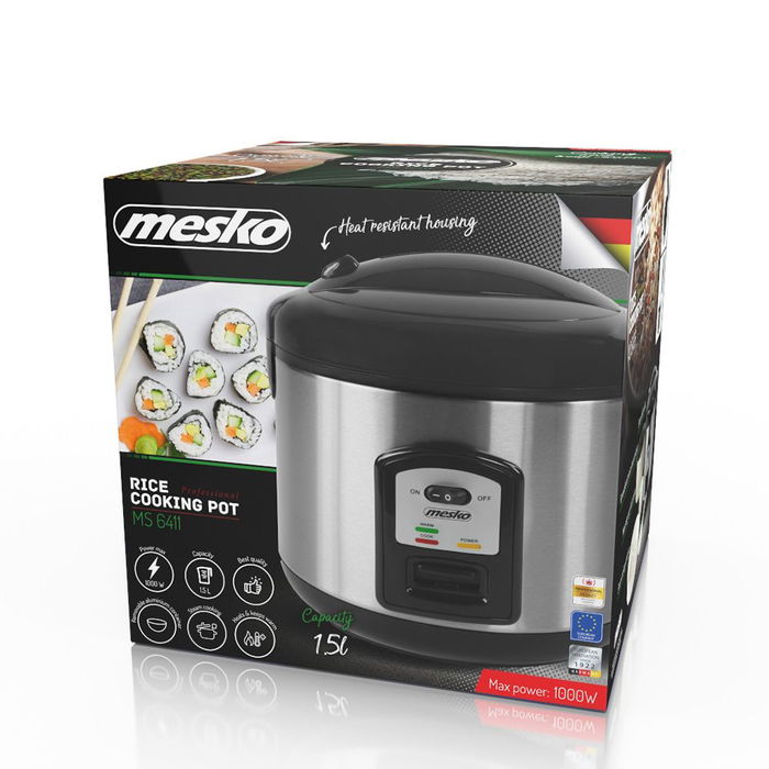 Mesko MS 6411 Olla Arrocera 1.5 Litros 1000W, Función Cocinar y Mantener Caliente, Tapa con Válvula de Vapor, Incluye Taza y Cuchara