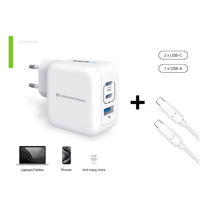 Conceptronic ALTHEA17W Cargador GaN de 67W con 3 Puertos y Cable USB-C Conceptronic ALTHEA17W Cargador GaN de 67W con 3 Puertos y Cable USB-C