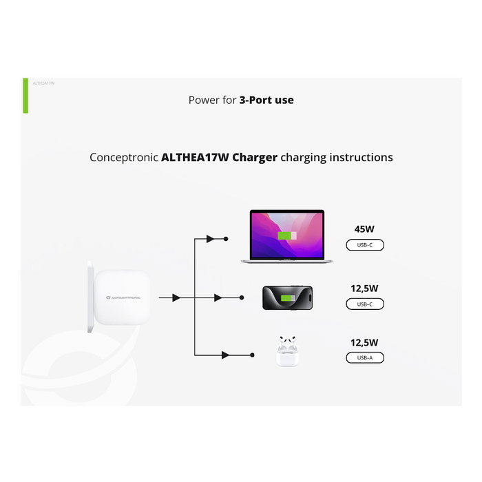 Conceptronic ALTHEA17W Cargador GaN de 67W con 3 Puertos y Cable USB-C Conceptronic ALTHEA17W Cargador GaN de 67W con 3 Puertos y Cable USB-C