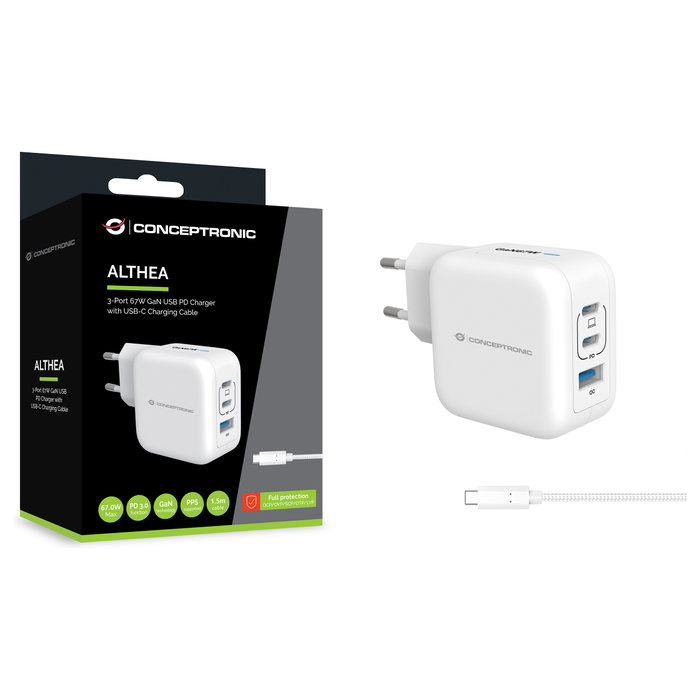 Conceptronic ALTHEA17W Cargador GaN de 67W con 3 Puertos y Cable USB-C Conceptronic ALTHEA17W Cargador GaN de 67W con 3 Puertos y Cable USB-C