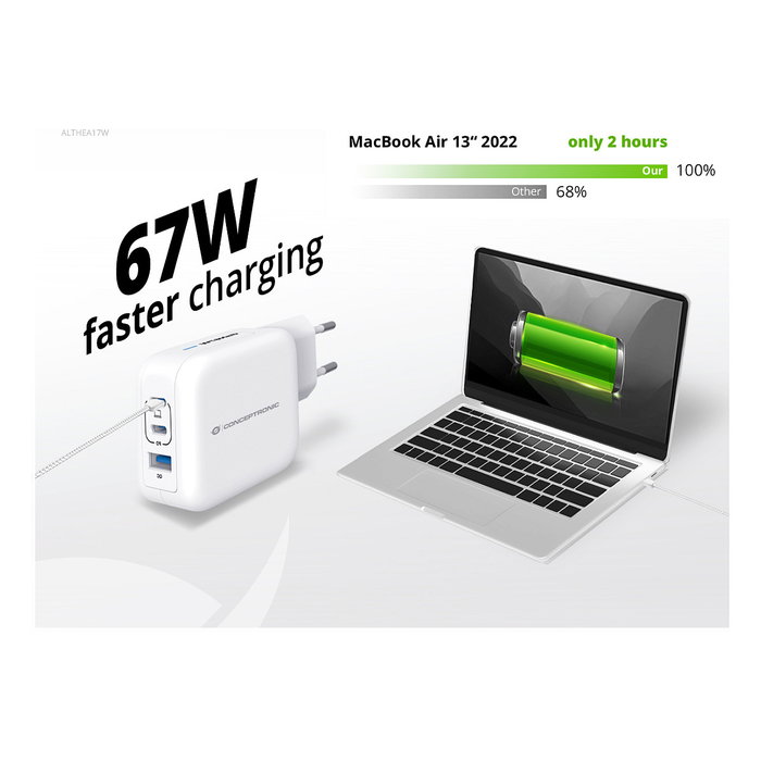 Conceptronic ALTHEA17W Cargador GaN de 67W con 3 Puertos y Cable USB-C Conceptronic ALTHEA17W Cargador GaN de 67W con 3 Puertos y Cable USB-C