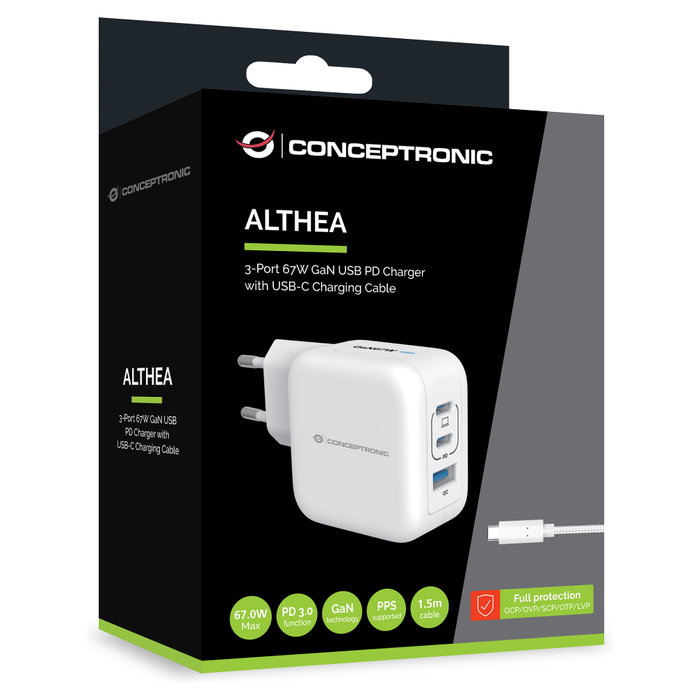 Conceptronic ALTHEA17W Cargador GaN de 67W con 3 Puertos y Cable USB-C Conceptronic ALTHEA17W Cargador GaN de 67W con 3 Puertos y Cable USB-C