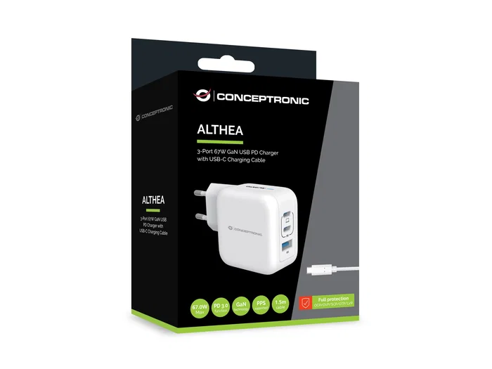 Conceptronic ALTHEA17W Cargador de Pared 67W GaN 3 Puertos Blanco