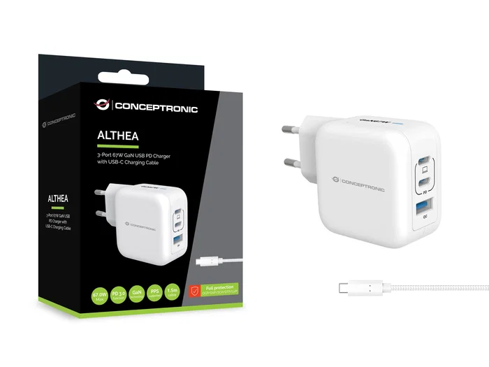 Conceptronic ALTHEA17W Cargador de Pared 67W GaN 3 Puertos Blanco