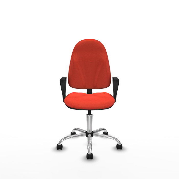Silla de oficina Algarra con mecanismo Contacto permanente básico tapizada con Tela color Naranja oscuro. Equipada con Base cromada, Brazos fijos y Ruedas de nailon 50 mm