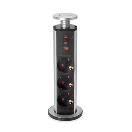 Emuca Multiconector Vertikal con 3 enchufes Schuko, 1 USB A y 2 USB C, Gris metalizado