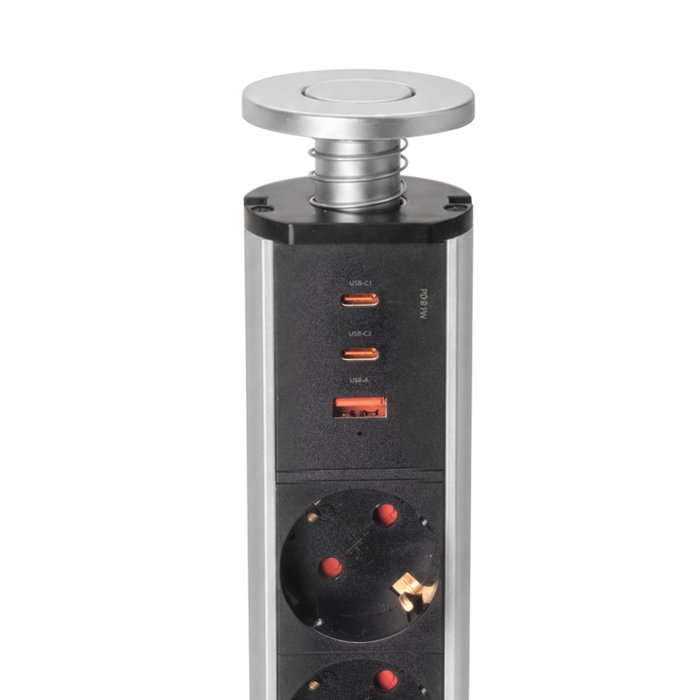 Emuca Multiconector Vertikal con 3 enchufes Schuko, 1 USB A y 2 USB C, Gris metalizado