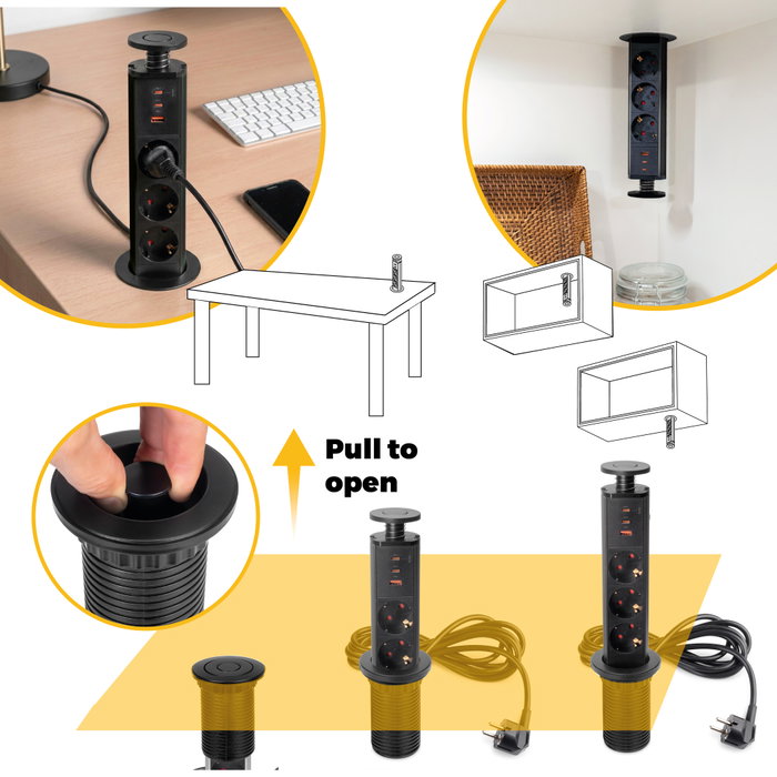Emuca Multiconector Vertikal con 3 enchufes Schuko, 1 USB A y 2 USB C, Gris metalizado