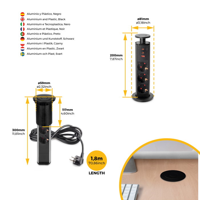 Emuca Multiconector Vertikal con 3 enchufes Schuko, 1 USB A y 2 USB C, Gris metalizado