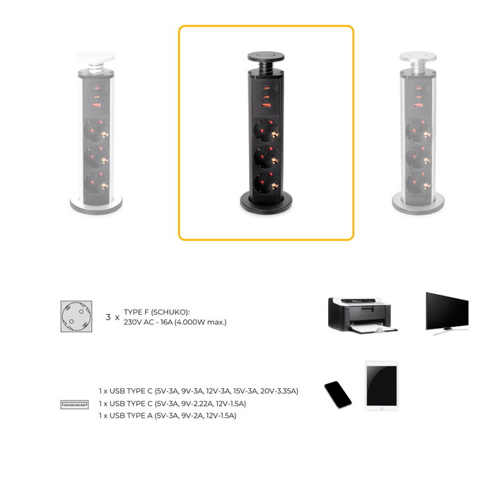 Emuca Multiconector Vertikal con 3 enchufes Schuko, 1 USB A y 2 USB C, Gris metalizado