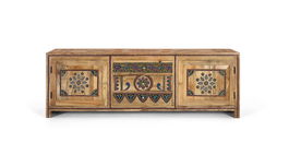 Giner y Colomer Mueble TV Madera de Mango 150 cm, 3 Cajones 2 Puertas, Acabado Natural, Mueble Artesanal Pintado a Mano