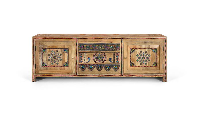 Giner y Colomer Mueble TV Madera de Mango 150 cm, 3 Cajones 2 Puertas, Acabado Natural, Mueble Artesanal Pintado a Mano Giner y Colomer Mueble TV Madera de Mango 150 cm, 3 Cajones 2 Puertas, Acabado Natural, Mueble Artesanal Pintado a Mano