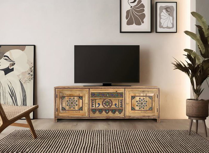 Giner y Colomer Mueble TV Madera de Mango 150 cm, 3 Cajones 2 Puertas, Acabado Natural, Mueble Artesanal Pintado a Mano
