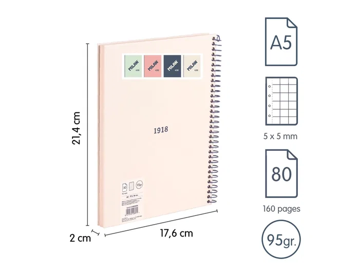 Milan Cuaderno A5 con Espiral, Tapa Dura, 80 Hojas Cuadriculadas, Beige Milan Cuaderno A5 con Espiral, Tapa Dura, 80 Hojas Cuadriculadas, Beige