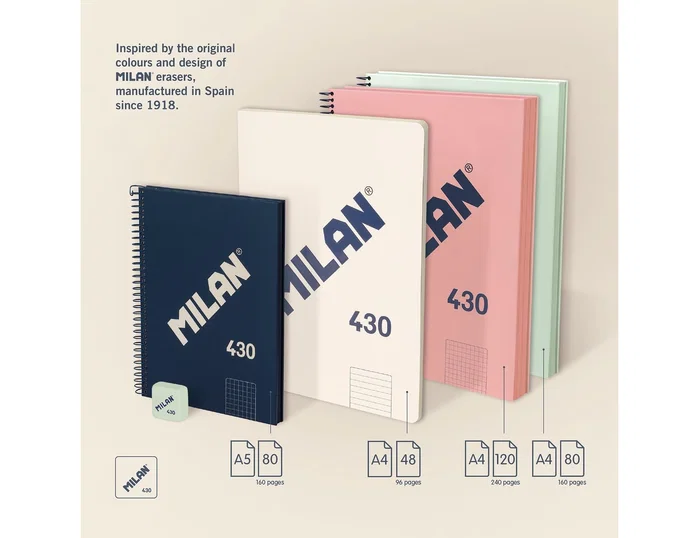 Milan Cuaderno A5 con Espiral, Tapa Dura, 80 Hojas Cuadriculadas, Beige Milan Cuaderno A5 con Espiral, Tapa Dura, 80 Hojas Cuadriculadas, Beige